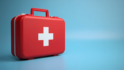 Obraz premium Red Closed First Aid Kit Box with White Cross Symbol on a Blue Background, Signifying Emergency Preparedness, Medical Readiness, and Healthcare Safety.