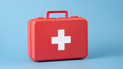Obraz premium Red Closed First Aid Kit Box with White Cross Symbol on a Blue Background, Signifying Emergency Preparedness, Medical Readiness, and Healthcare Safety.