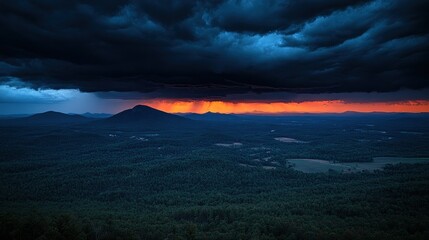 Dramatic sunset view through stormy clouds over a mountain range.  Dark, ominous clouds meet fiery orange sunset rays over a valley filled with silhouettes of trees and hills