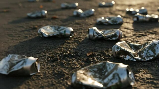 Crushed cans, aluminum waste scattered on beach, environmental problem. Aluminum waste is a significant contributor to environmental issues, harming ecosystems and polluting natural habitats.