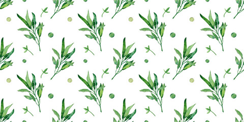 Fototapeta premium A seamless pattern of green leaves and small circles on a white background. The design features various shades of green, creating a fresh and natural look. Watercolor illustration.