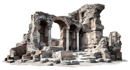 Naklejka premium Extensive ancient Roman ruins with crumbling walls, arches, and remnants of a structure, on a transparent background