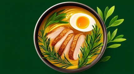 A Bowl of Ramen Featuring Noodles Topped with Chicken, Soft-Boiled Egg, and Fresh Greens Against a Green Background