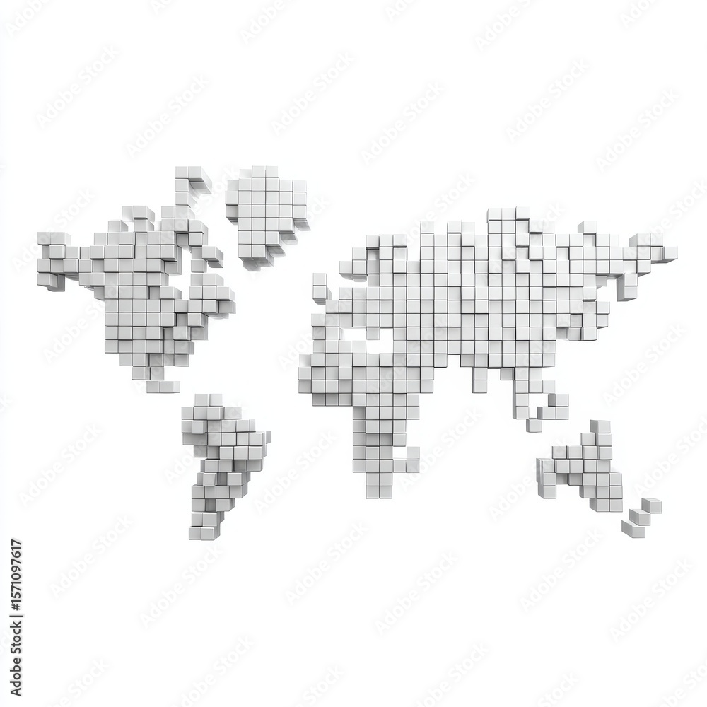Poster a conceptual illustration of a world map created from white cubes, representing global connection an