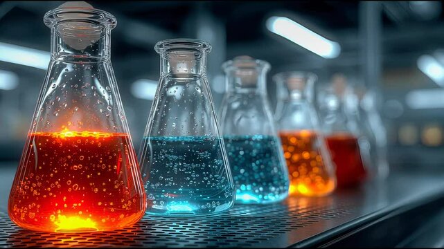A row of laboratory flasks filled with vibrant orange and blue glowing liquids, emitting a futuristic, high-tech vibe in a science lab setting