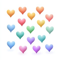 Pastel gradient hearts arrayed against a white background, symbolizing love, romance, and diverse expressions of affection
