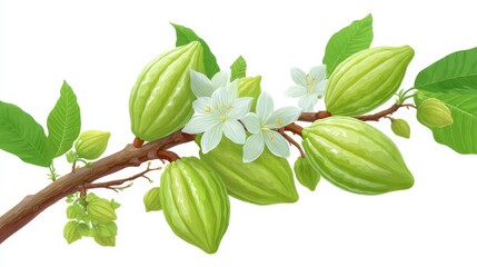Cacao Tree Branch with Green Pods and Delicate White Flowers Symbolizing Nature and Growth