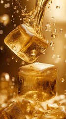 Golden ice cubes in motion with splashing liquid.