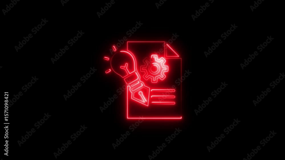 Poster animated red neon icons representing ideas and process on a dark background