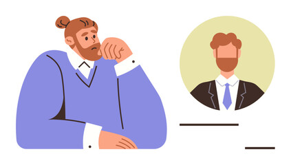 Thoughtful man resting on hand looks at profile portrait of a bearded professional. Ideal for career planning, self-reflection, decision-making, interviews, hiring, mentorship, simple flat metaphor