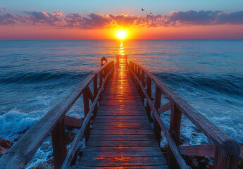 Obraz premium Wooden pier extends into the ocean at sunrise