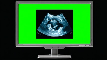 Clear Fetal Ultrasound Image Displayed on a Monitor with a Bright Green Background