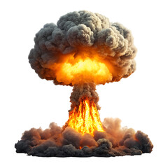 Massive nuclear mushroom cloud explosion with intense fire and smoke isolated on transparent background