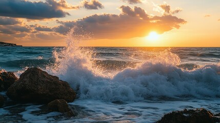 Obraz premium Golden horizon waves crashing against shoreline rocks at twilight, ocean view
