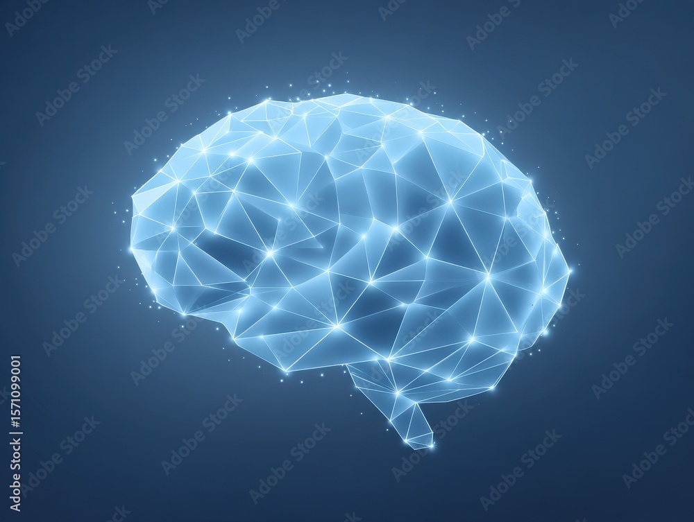 Poster a futuristic brain illustration showcasing polygonal mesh, representing artificial intelligence and 