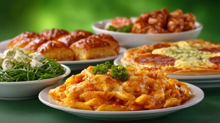 Colorful Buffet Display of Italian Dishes Featuring Pasta Pizza and Fresh Bread Rolls