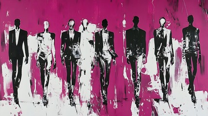 Fashion figures on a magenta backdrop.