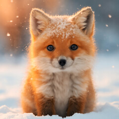 Fototapeta premium Adorable baby fox with fluffy fur and bright eyes sitting in the snow during a gentle snowfall