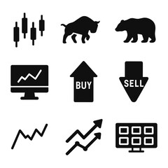 Black and white icon set illustrating trading symbols like bull and bear, candlestick chart, buy and sell arrows, graphs, and monitors. Great for fintech dashboards and stock apps.