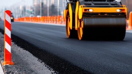 Naklejka premium Construction site with a road roller paving asphalt on a city street with safety barriers