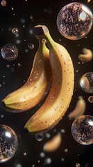 Two bananas with water droplets and bubbles in a dark background.
