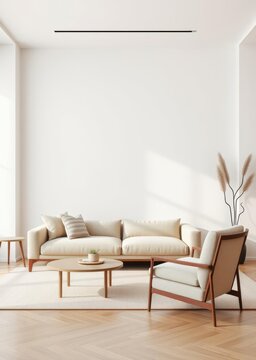 Minimalist japandi style interior design of modern living room beige boucle sofa and stylish armchair against blank mock up wall with copy space Empty room interior design Ultra realistic Photore