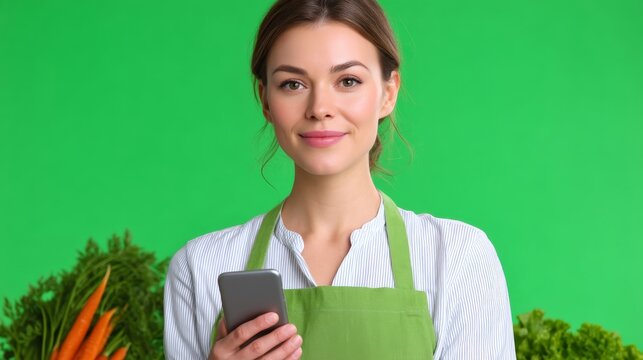 Cooking Instructor Holding A Smartphone In An Apron Against A Bright Green Background