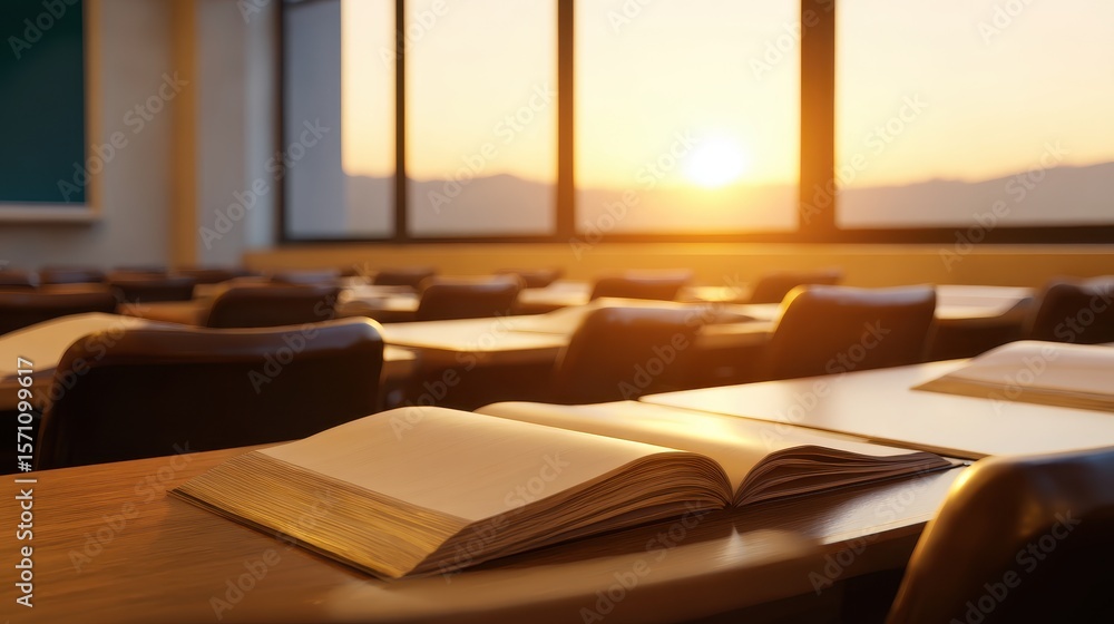 Aufkleber classroom at sunset with open books on desks, creating a tranquil learning environment