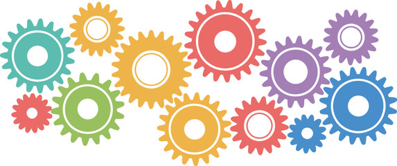 Cogs and gears in blue, purple and pink on isolated background