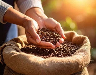 Hands Holding Coffee Beans From Burlap Bag