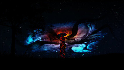 A man with lava cracks all over his body and sparks of fire in clouds of black smoke against the background of a beautiful nebula in space. The idea of the Antichrist, religion, Armageddon.