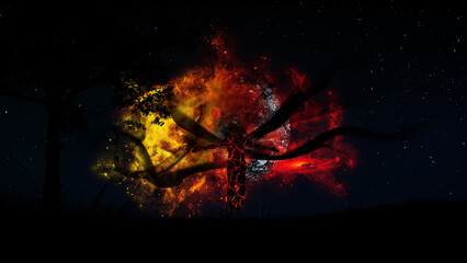 A man with lava covering his entire body and sparks of fire in clouds of black smoke against the backdrop of an exploding planet. The idea of the Antichrist, religion, Armageddon, the end of the world