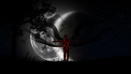 A man with lava cracks all over his body and sparks of fire in clouds of black smoke against the background of a total lunar eclipse. The idea of the Antichrist, religion, Armageddon.