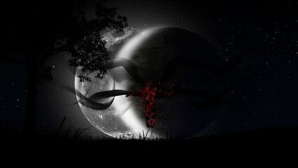 A man with lava cracks all over his body and sparks of fire in clouds of black smoke against the background of a total lunar eclipse. The idea of the Antichrist, religion, Armageddon.