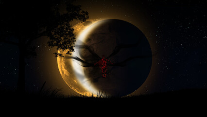 A man with lava cracks all over his body and sparks of fire in clouds of black smoke against the background of a total lunar eclipse. The idea of the Antichrist, religion, Armageddon.
