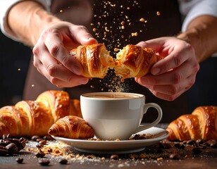 Hands Holding Croissant Over Coffee Cup