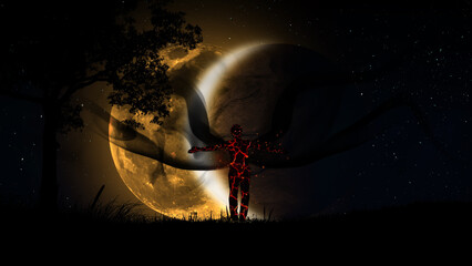 A man with lava cracks all over his body and sparks of fire in clouds of black smoke against the background of a total lunar eclipse. The idea of the Antichrist, religion, Armageddon.