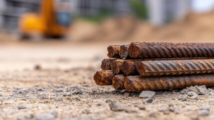 Close-up of rusted steel rebar stacked on a construction site with machinery in the background