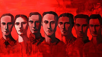 Portraits of individuals in a row against a red background.