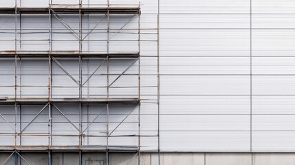 Construction site featuring scaffolding against a modern building façade under clear skies
