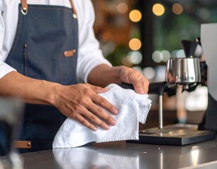 Barista Cleaning Espresso Machine With White Cloth