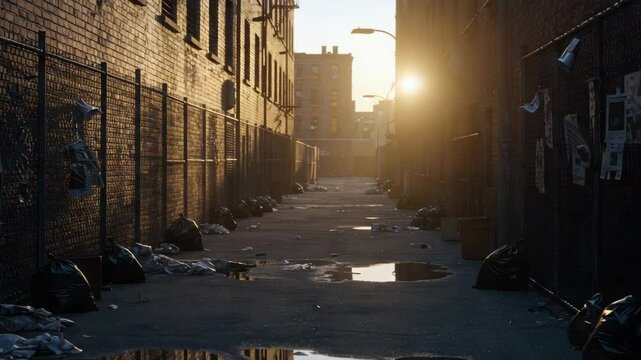 Captivating back alley featuring urban decay and weathered buildings. Back alley details show worn textures, garbage bags, and a distant sunset. Experience back alley aesthetics,