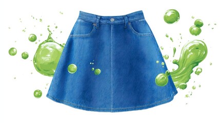 Vibrant Blue Denim Skirt with Textured Patterns Surrounded by Green Ink Splashes