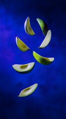 Avocado slices in mid-air against a vibrant blue background.