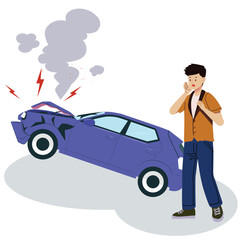 vector of a man worried about his broken car