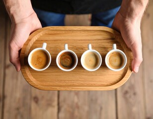 Four Espresso Cups Of Different Shades On Wooden Tray