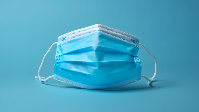 Light Blue Disposable Medical Face Mask on a Solid Blue Background, Symbolizing Health Protection, Virus Prevention, and Personal Safety during Pandemics.