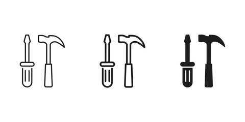 Hammer And Screwdriver Line And Solid Icon Set. Construction, Repair, And Diy Tools Outline And Silhouette Symbol Collection. Home Improvement And Maintenance. Isolated Vector Illustration