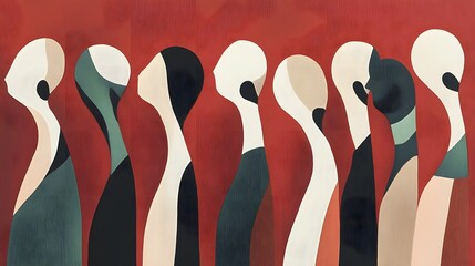 Profile views of stylized figures on a crimson background.