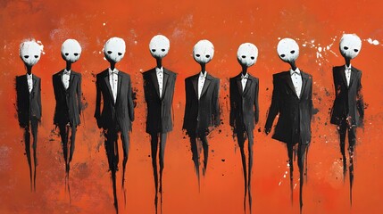 Formal figures in black suits against an orange backdrop.